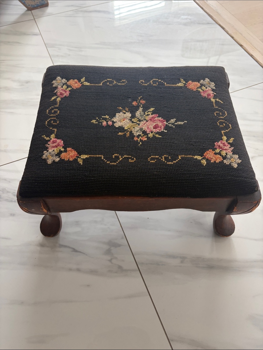 Vintage Black Floral Needlepoint Footstool